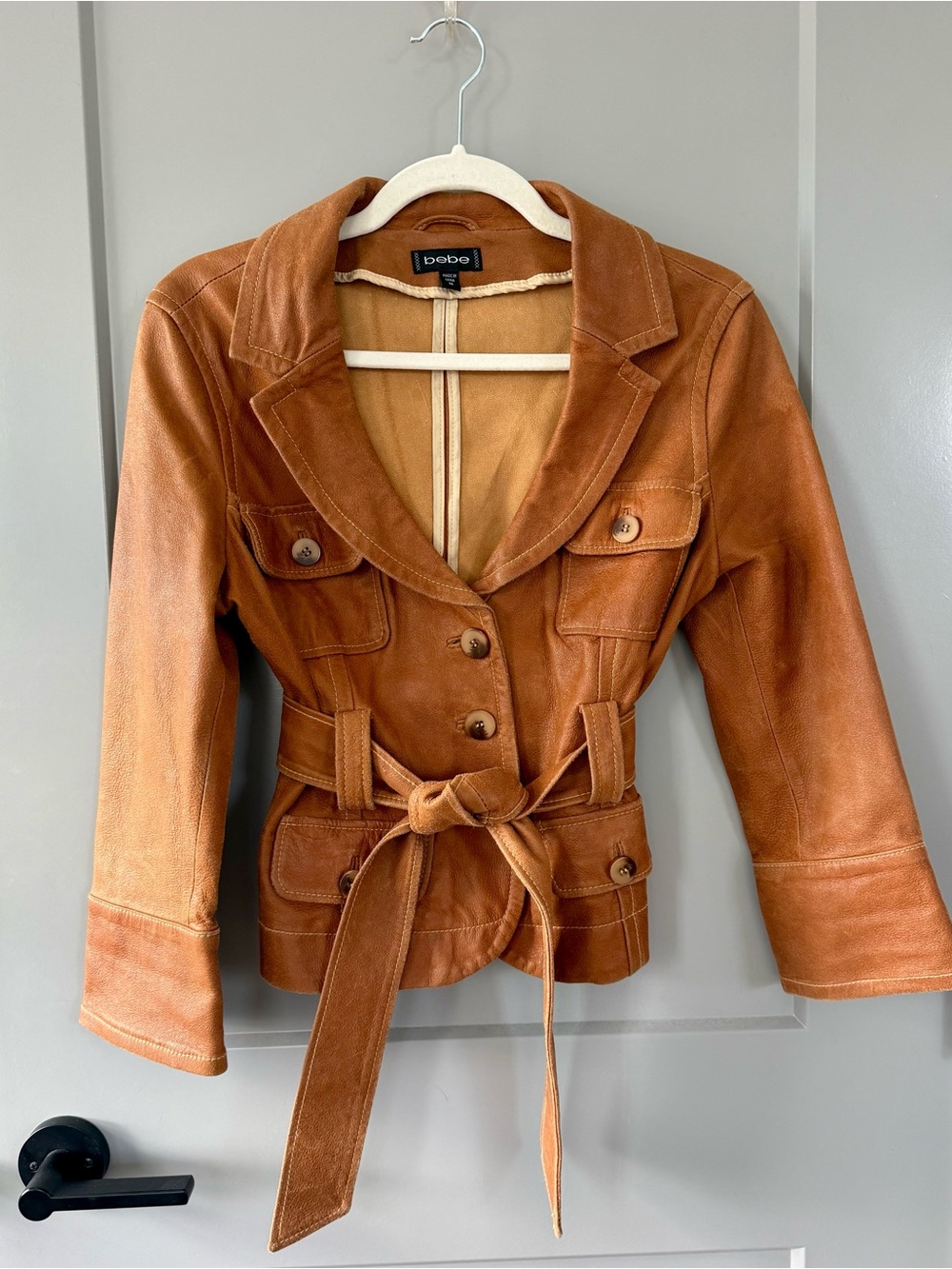 Vintage Bebe Genuine Leather Belted Safari Jacket Brown M Y2K
